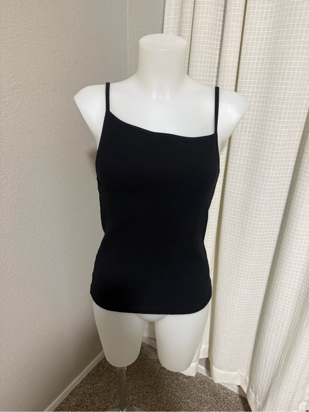 Agolde Black Priya Ribbed Asymmetrical Neck Spaghetti Strap Tank